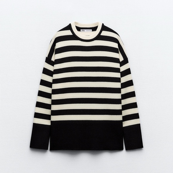Zara Sweaters - Zara | Black & Cream Striped Knit Crewneck Sweater Size Large